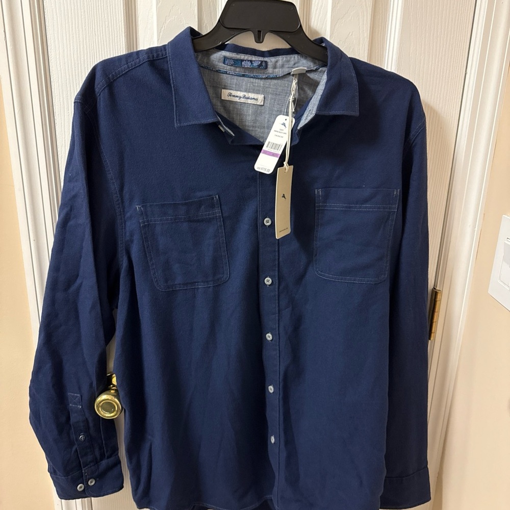 Tommy Bahama Shirt Mens Large Blue Flannel Beach Camp Bonfire Flip Cuff